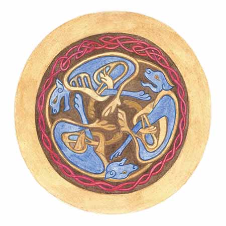 Okra&scaron;ena iniciala, O, ilustracija Julia Doria, interpretacija Book of Kells