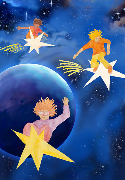 Boardanje, otroci sveta, vesolje, ilustracija Julia Doria, znanstvena fantastika, sci fi, ilustracije, ilustratorji, slovenski,  tehnika akvarel, digitalna tehnika, ilustratorka
